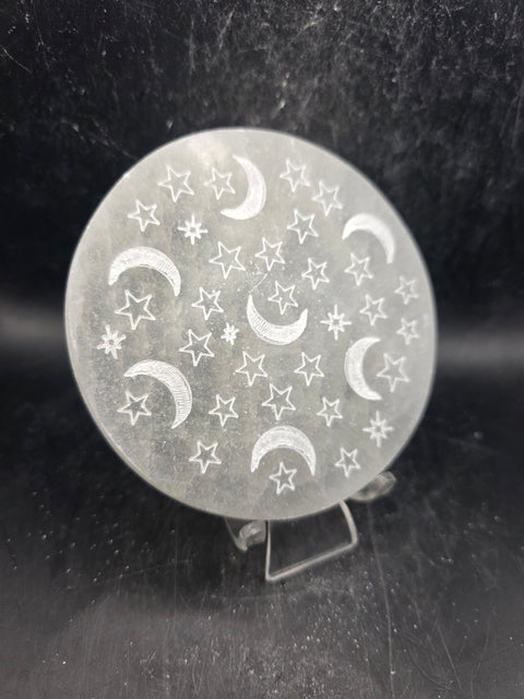Selenite sun and moon etched charging plate! 4 inches wide