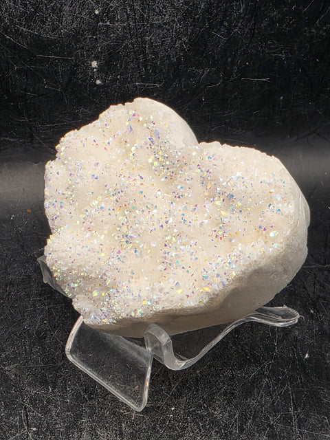 White pearl aura quartz heart! 4 ounces, 2.6 inches wide, 2.2" tall