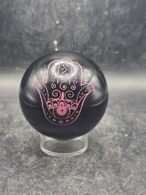 Black obsidian pink hamsa hand sphere! 7.8 ounces, 2.2 inches!