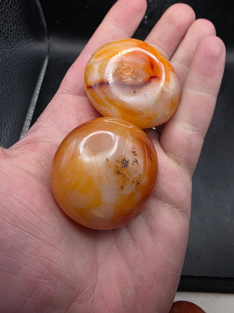 Carnelian agate palm stones! Set of 2! 1.5 to 2.6 inches!