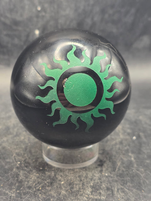 Black obsidian green sun sphere! 11.2 ounces, 2.4 inches!