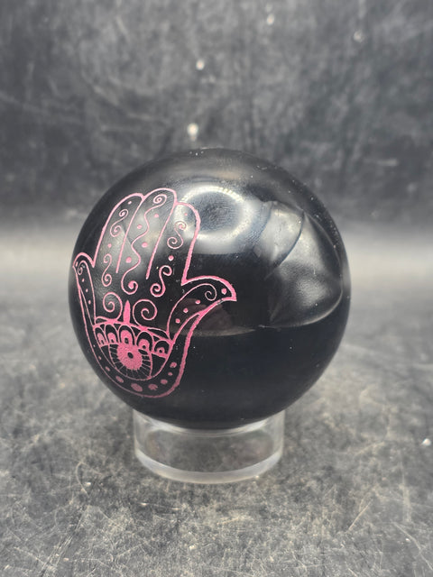 Black obsidian pink hamsa hand sphere! 7.8 ounces, 2.2 inches!