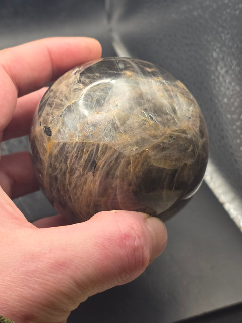 Black moonstone sphere! 73.7 mm, 2.9 inches, 1.3 pounds