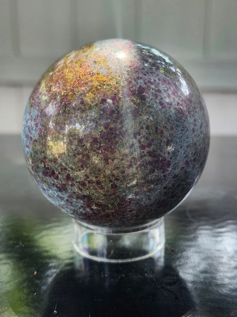 Ruby in kyanite sphere 14.5 ounces, 60mm, 2.36 inches uv reactive