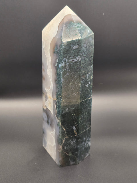 Jumbo moss agate tower! 8 inches tall, 2.12 pounds! 2.5" by 2" base