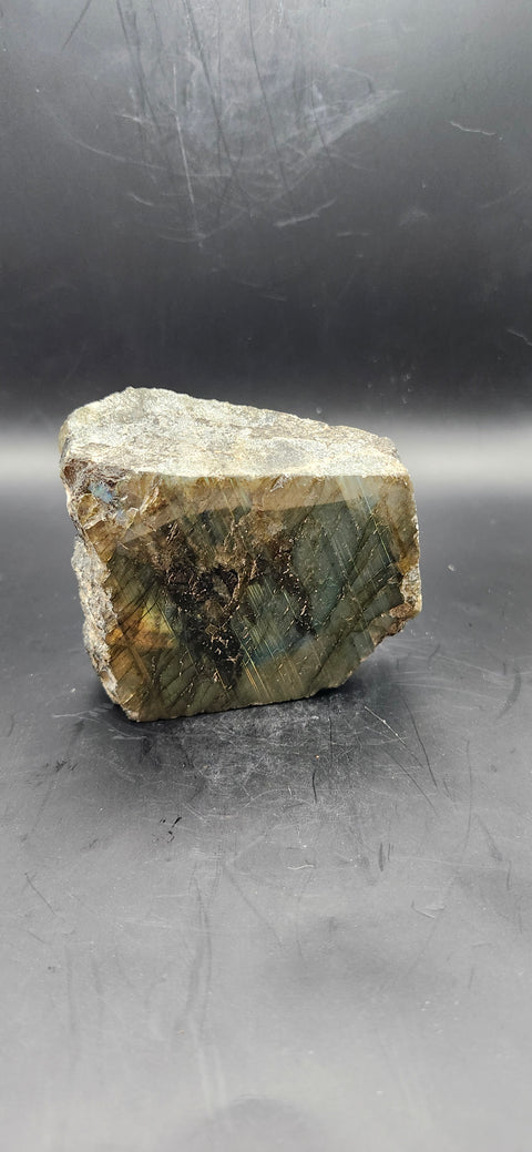 One side polished labradorite freeform. 9.3 ounces, 2.9 by 2.7 inches