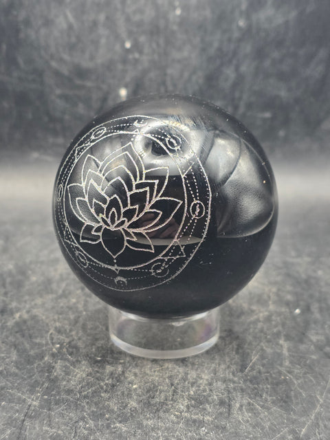 Black obsidian silver lotus flower sphere! 9.8 ounces, 2.3 inches!