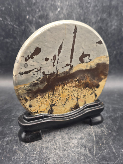 Natural picture jasper slab with stand! 5 ounces, 3.5 inches wide