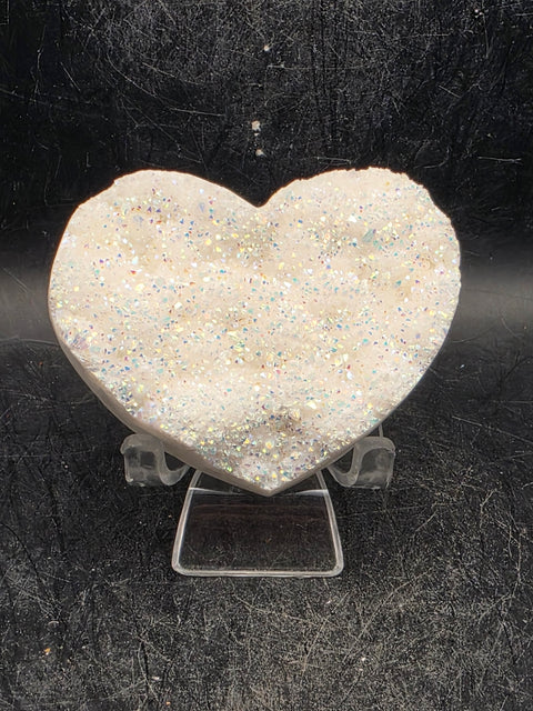White pearl aura quartz heart! 4 ounces, 2.6 inches wide, 2.2" tall