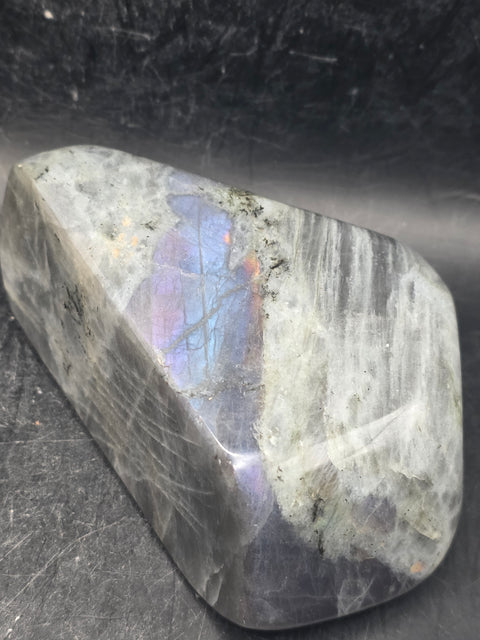 Purple flash sunset labradorite free form, 13.7 ounces, 3.8 inches wide