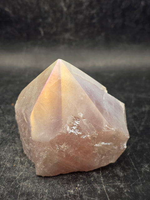 Rose aura quartz polished top point, 5.8 ounces, 1.9 inches tall, 2.4" wide