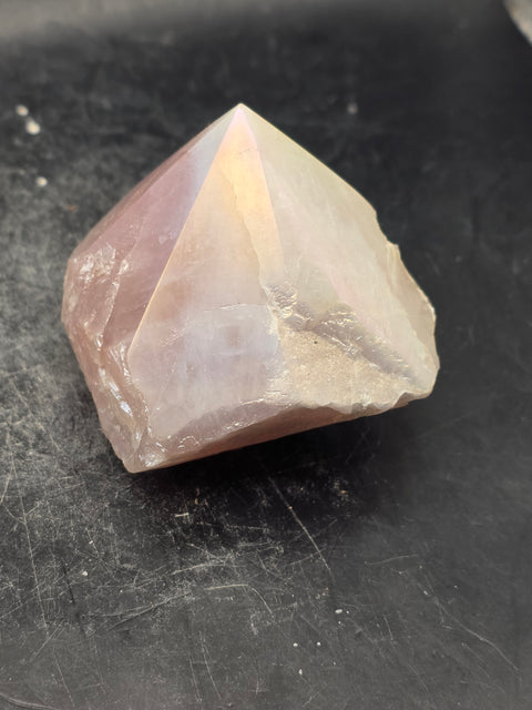 Rose aura quartz polished top point, 5.8 ounces, 1.9 inches tall, 2.4" wide