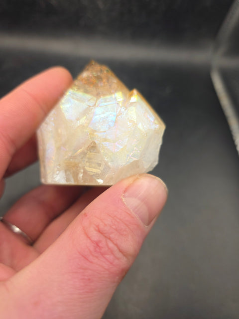 Angel aura citrine polished top point! 5.7 ounces, 2.3 inch by 2.3"