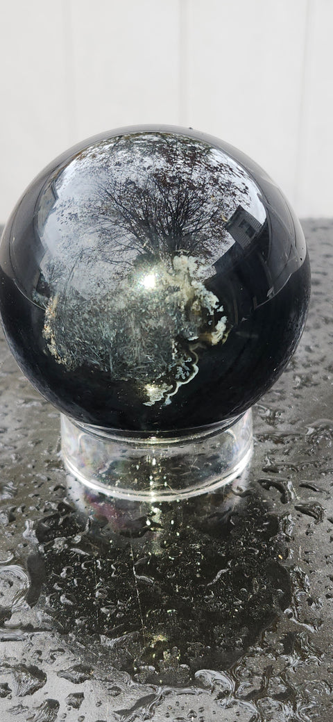 Black agate sphere! 67.3mm, 2.6 inches, 14.7 ounces
