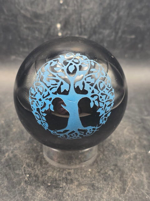 Black obsidian blue tree of life sphere, 2.3 inches, 10 ounces!