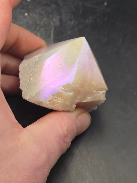 Rose aura quartz polished top point, 5.8 ounces, 1.9 inches tall, 2.4" wide