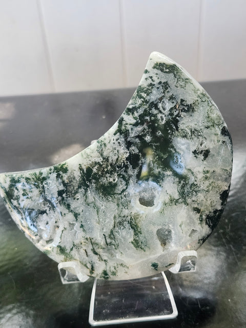 Druzy moss agate moon! 9.6 ounces, 4 inches