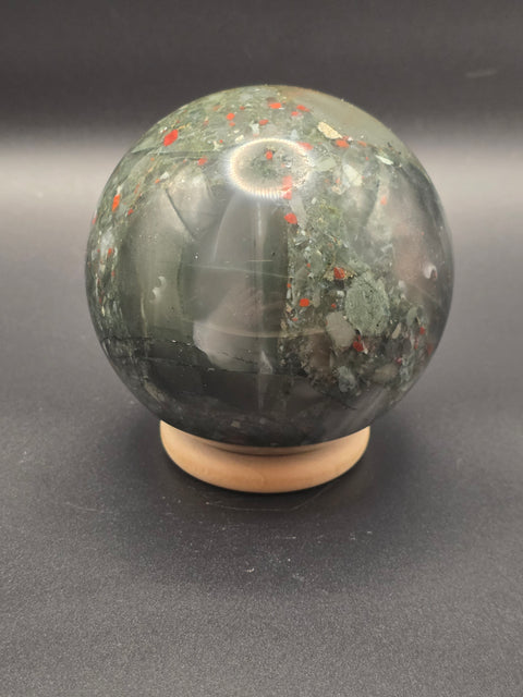 African bloodstone sphere! 74.8mm, 2.9 inches, 1.4 pounds