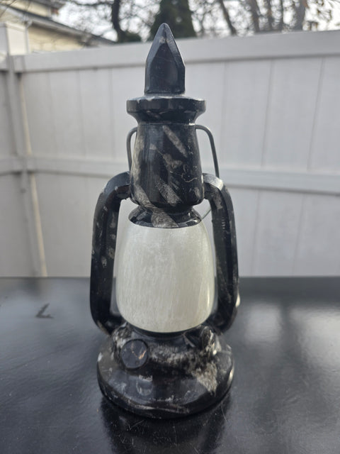 XL selenite and orthoceras lantern with light 9 inches tall, 2.11 pounds