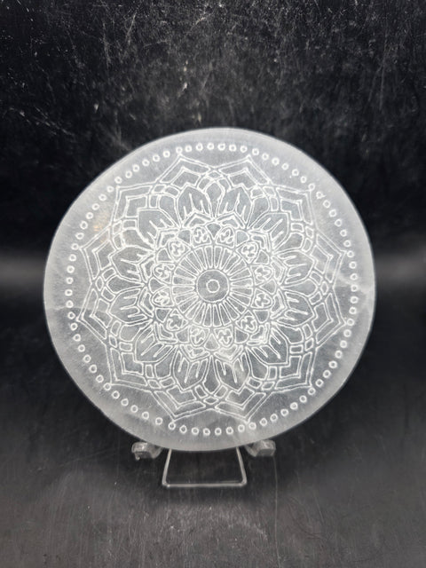 Selenite etched mandala charging plate! 4 inches wide