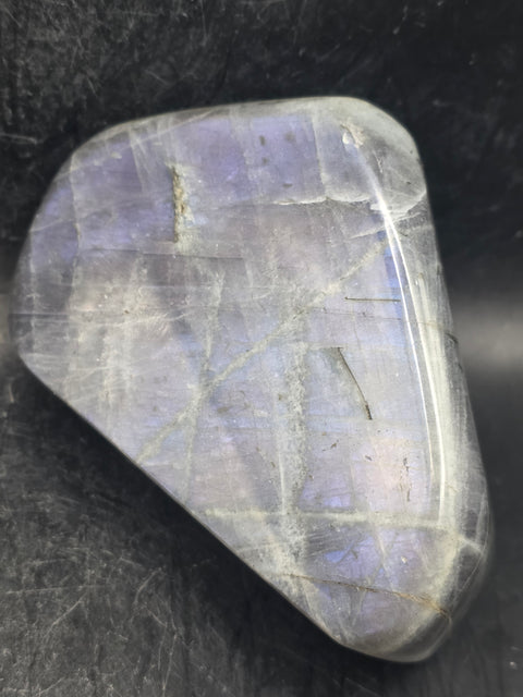 Purple flash sunset labradorite free form, 13.7 ounces, 3.8 inches wide
