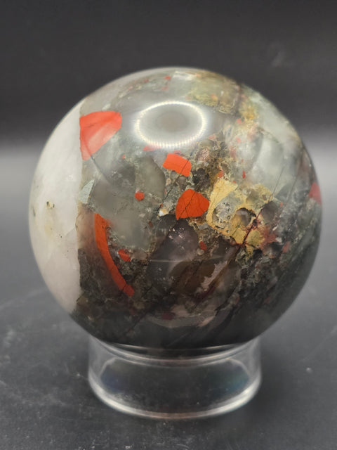 African bloodstone sphere! 70.6mm, 2.7 inches, 1.1 pounds!