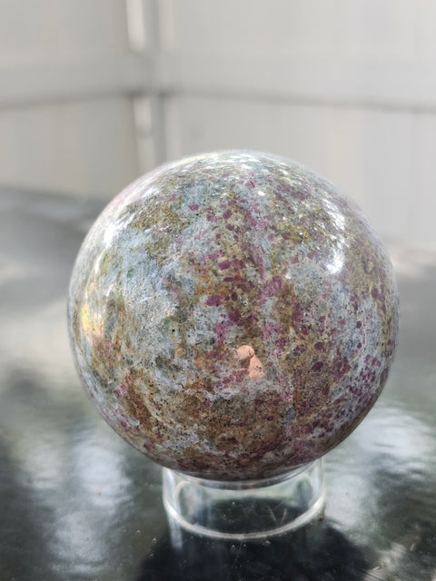 Ruby in kyanite sphere 14.5 ounces, 60mm, 2.36 inches uv reactive