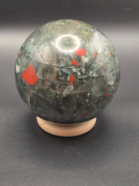 African bloodstone sphere! 74.8mm, 2.9 inches, 1.4 pounds